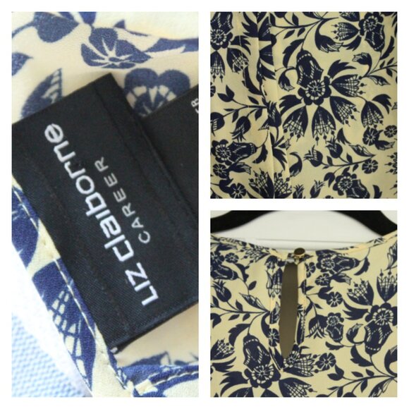 Liz Clairbourne Career Yellow Blouse with Blue Flowers - Picture 3 of 3